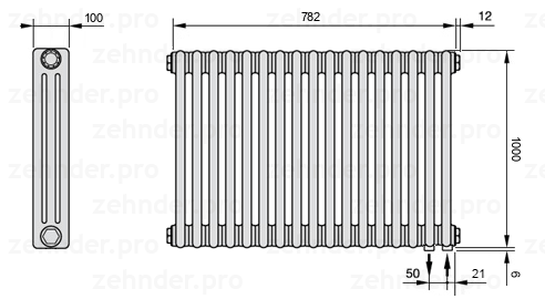 Схема (чертеж) Радиатор Zehnder Charleston 3100/17 №5510 Белый глянцевый RAL 9016